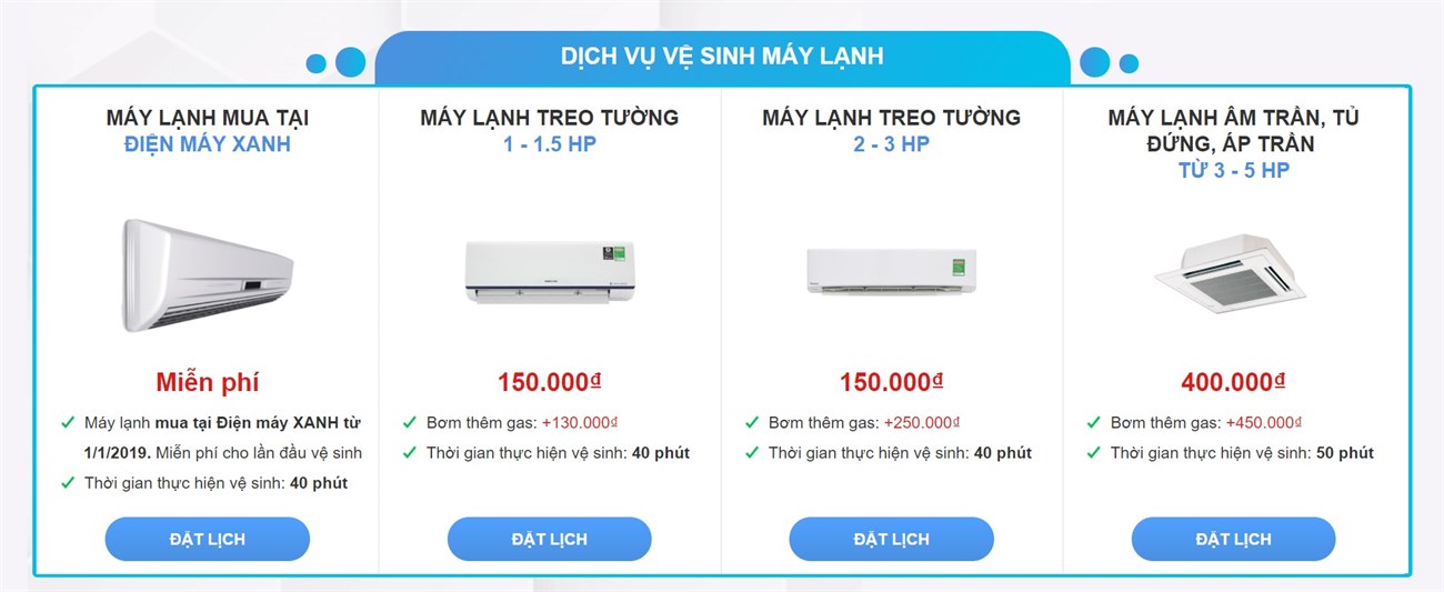 Báng giá vệ sinh và thay gas điều hòa tại Điện máy XANH