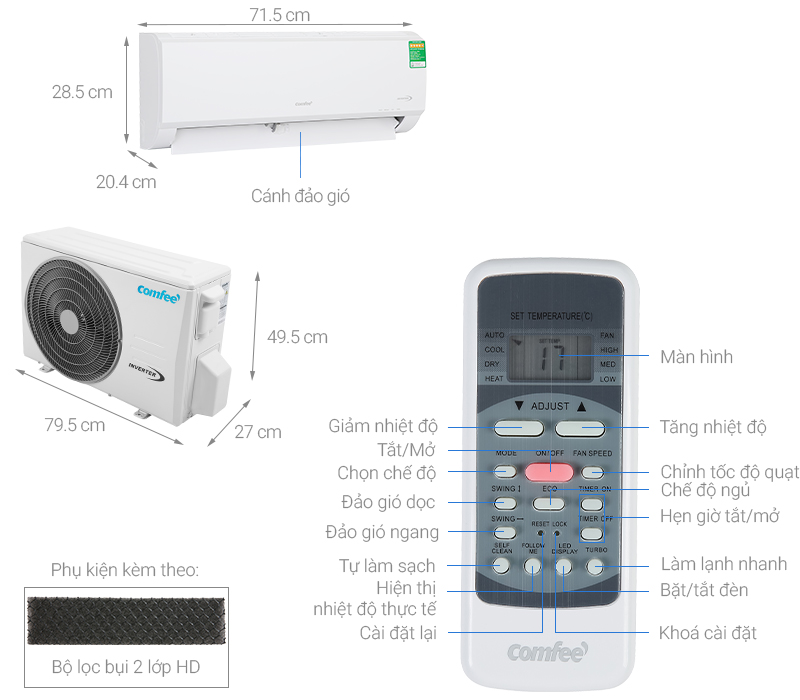 Thông số kỹ thuật Điều hòa Comfee Inverter 9500 BTU SIRIUSA-9ED