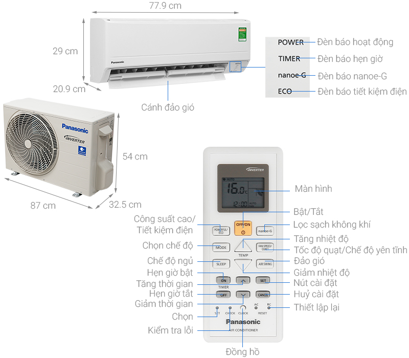 Thông số kỹ thuật Điều hòa Panasonic Inverter 11900 BTU CU/CS-PU12WKH-8M